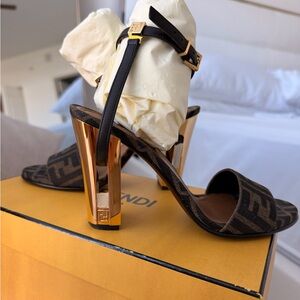 Fendi Black and Gold Heeled Sandals